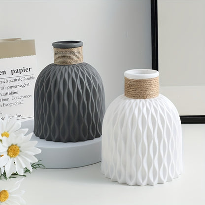 1pc European Style Plastic Flower Vase with Textured Rope Bottle Mouth - Perfect for Home Decor and Tabletop Arrangements