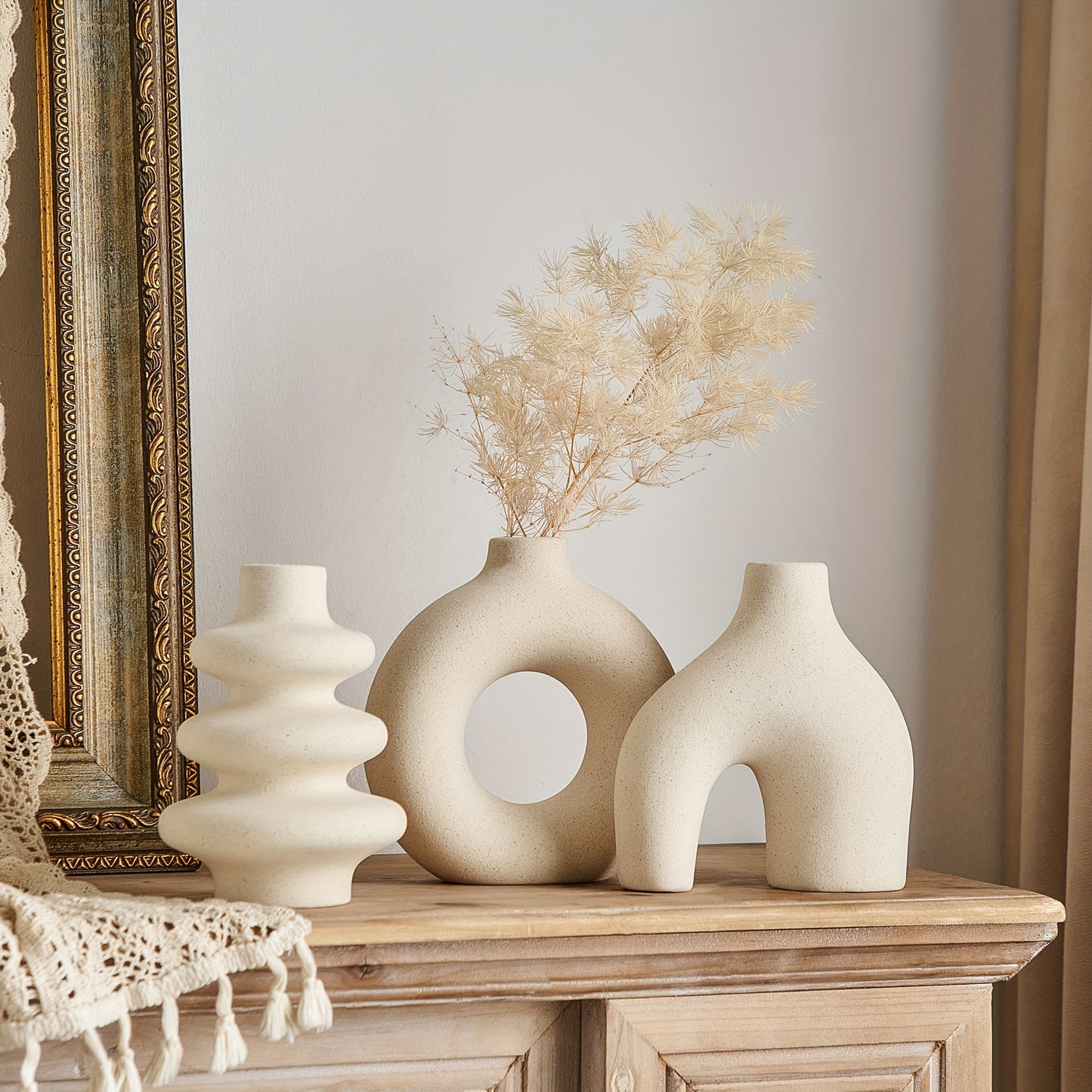 Bohemian Ceramic Vase Set of 3: Modern Geometric Vases for Home Decor - Perfect for Pampas Grass Arrangements