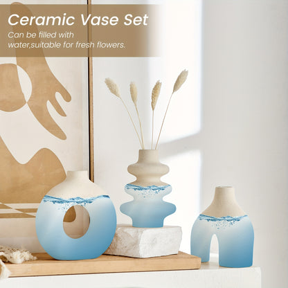 Bohemian Ceramic Vase Set of 3: Modern Geometric Vases for Home Decor - Perfect for Pampas Grass Arrangements