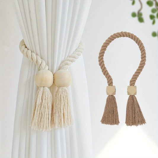 2pcs Magnetic Window Curtain Tiebacks Simple Wooden Tassel Curtain Buckle Curtain Holdback Suitable For Bedroom Living Room Kitchen Home Decoration