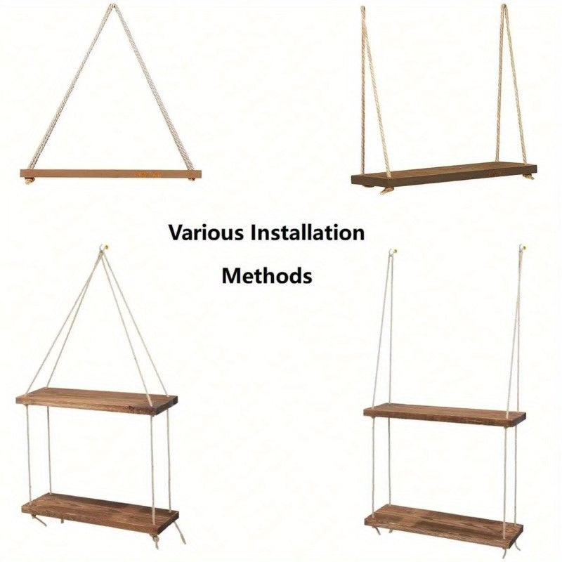 Chic Wooden Floating Shelf With Adjustable Hemp Rope - Perfect For Plants, Flowers & Decor | Easy Install, No-Damage Wall Mount Design | Ideal For Home & Garden