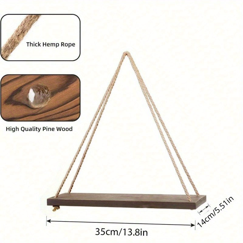 Chic Wooden Floating Shelf With Adjustable Hemp Rope - Perfect For Plants, Flowers & Decor | Easy Install, No-Damage Wall Mount Design | Ideal For Home & Garden