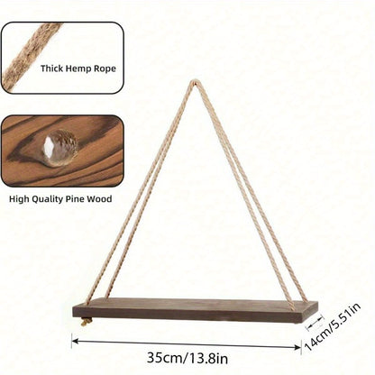 Chic Wooden Floating Shelf With Adjustable Hemp Rope - Perfect For Plants, Flowers & Decor | Easy Install, No-Damage Wall Mount Design | Ideal For Home & Garden