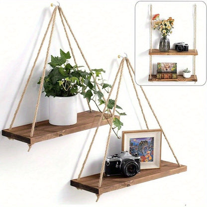 Chic Wooden Floating Shelf With Adjustable Hemp Rope - Perfect For Plants, Flowers & Decor | Easy Install, No-Damage Wall Mount Design | Ideal For Home & Garden