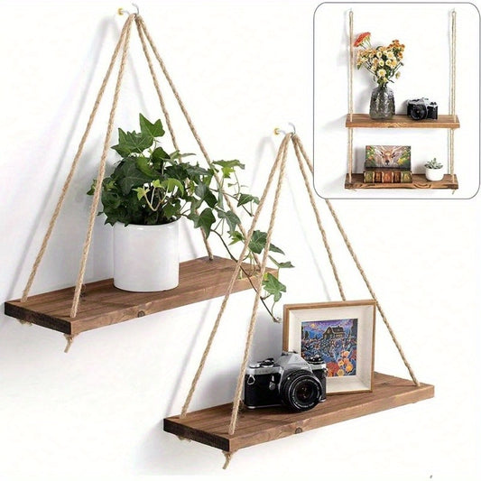 Chic Wooden Floating Shelf With Adjustable Hemp Rope - Perfect For Plants, Flowers & Decor | Easy Install, No-Damage Wall Mount Design | Ideal For Home & Garden