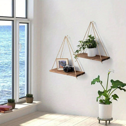 Chic Wooden Floating Shelf With Adjustable Hemp Rope - Perfect For Plants, Flowers & Decor | Easy Install, No-Damage Wall Mount Design | Ideal For Home & Garden