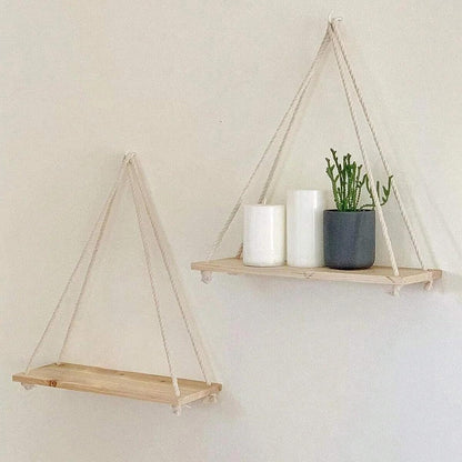 Chic Wooden Floating Shelf With Adjustable Hemp Rope - Perfect For Plants, Flowers & Decor | Easy Install, No-Damage Wall Mount Design | Ideal For Home & Garden