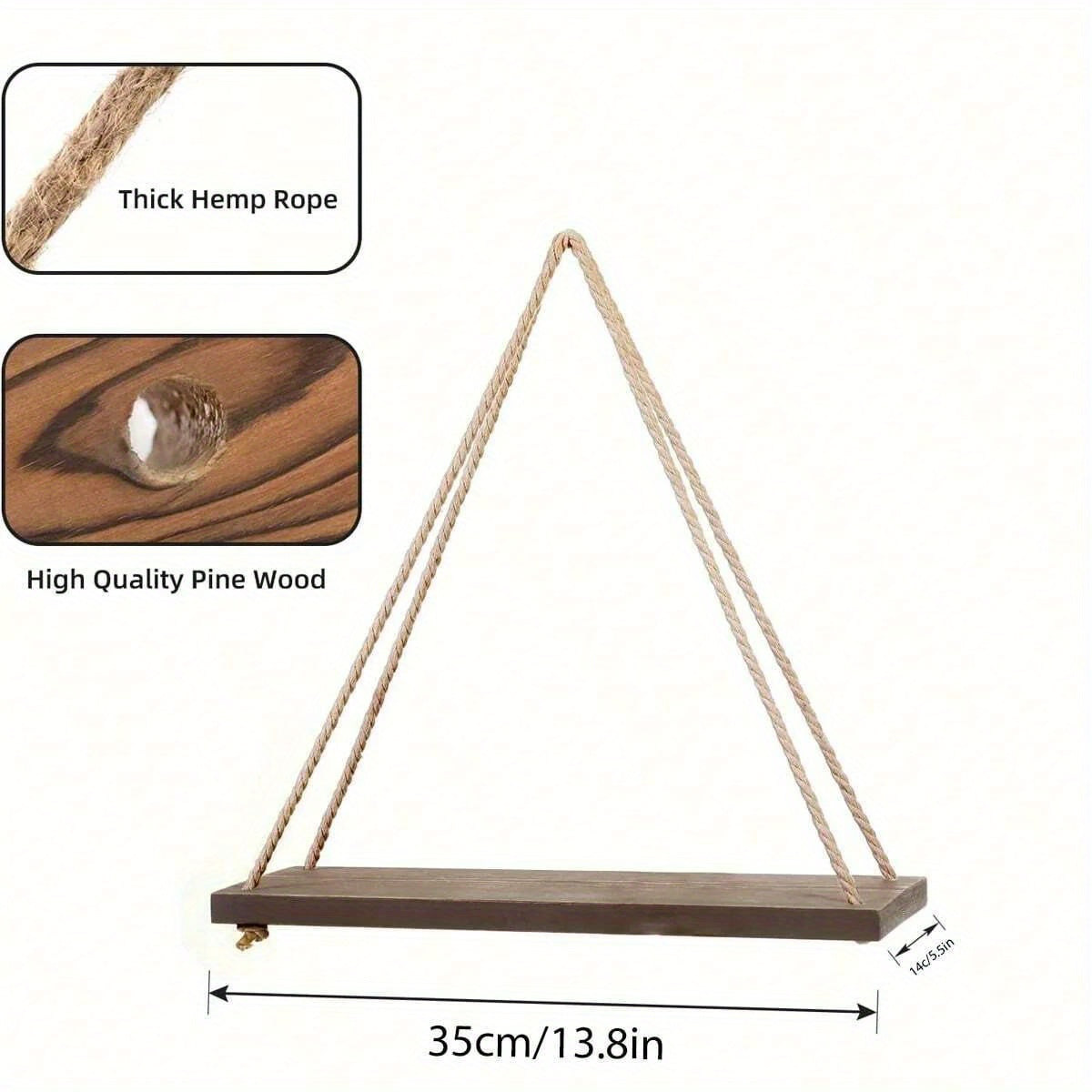 Chic Wooden Floating Shelf With Adjustable Hemp Rope - Perfect For Plants, Flowers & Decor | Easy Install, No-Damage Wall Mount Design | Ideal For Home & Garden