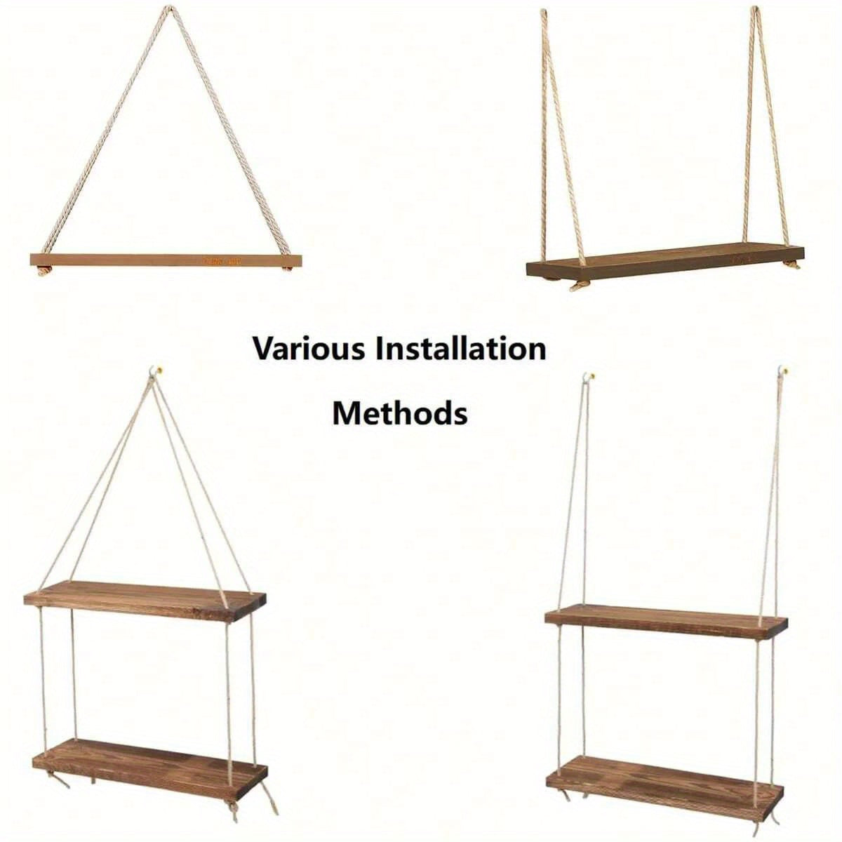 Chic Wooden Floating Shelf With Adjustable Hemp Rope - Perfect For Plants, Flowers & Decor | Easy Install, No-Damage Wall Mount Design | Ideal For Home & Garden