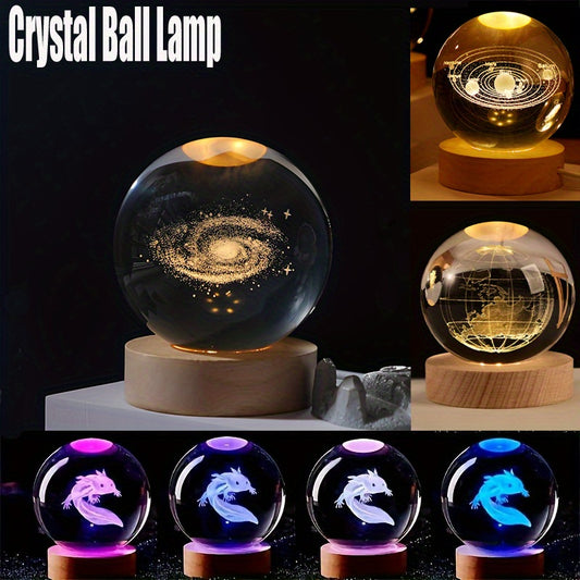 3D Engraved Crystal Glass Ball LED Lamp - USB Charging Decorative Night Light with Multicolor LED for Bedroom, Living Room Home Decor - No Battery Required