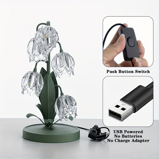 Elegant Crystal Bell Orchid Table Lamp - USB Powered, Frosted Metal Finish with Glass Flower Accents for Bedroom, Living Room, Study & Hotel Decor