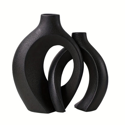 Hollow Ceramic Vase Set Of 2, Snuggle Round Boho Donut Modern Vase Nordic Minimalist Decorative Vase For Modern Trendy Home Table Centerpiece Decor