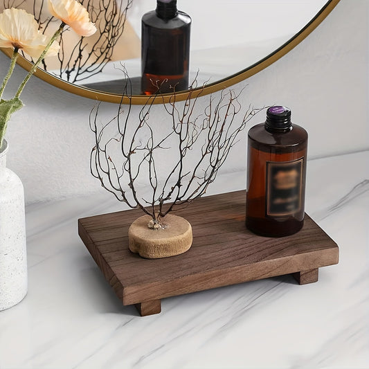 Wooden Vanity Tray for Bathroom Counter, Rustic Soap Dish Holder, Plant Vase Decorative Stand for Home Decor, Sturdy Handmade Wood Organizer Tray with Natural Pattern - 22.86x15.24 cm