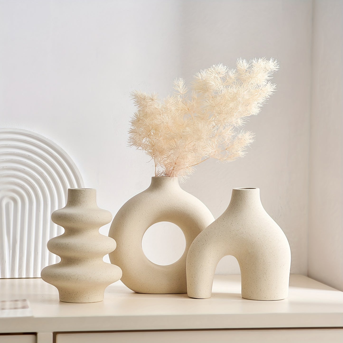 Bohemian Ceramic Vase Set of 3: Modern Geometric Vases for Home Decor - Perfect for Pampas Grass Arrangements