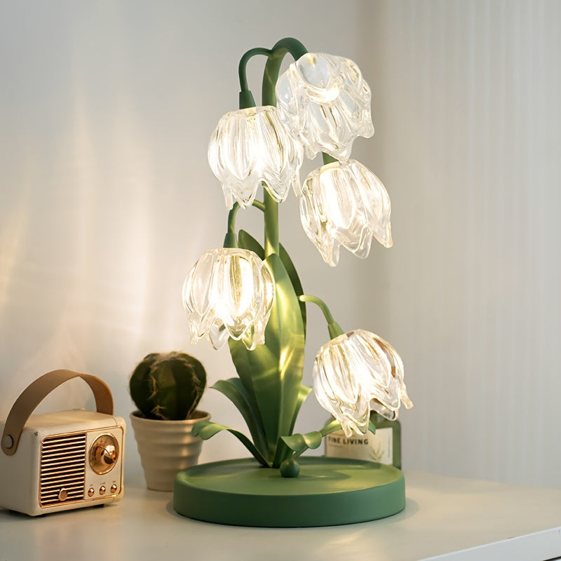 Elegant Crystal Bell Orchid Table Lamp - USB Powered, Frosted Metal Finish with Glass Flower Accents for Bedroom, Living Room, Study & Hotel Decor