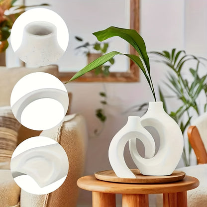 Hollow Ceramic Vase Set Of 2, Snuggle Round Boho Donut Modern Vase Nordic Minimalist Decorative Vase For Modern Trendy Home Table Centerpiece Decor