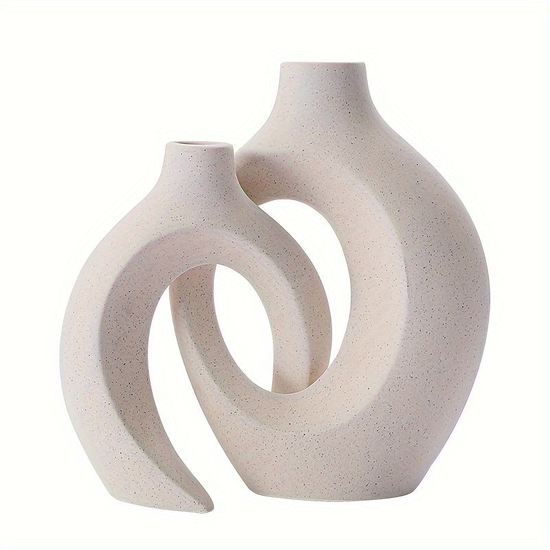 Hollow Ceramic Vase Set Of 2, Snuggle Round Boho Donut Modern Vase Nordic Minimalist Decorative Vase For Modern Trendy Home Table Centerpiece Decor