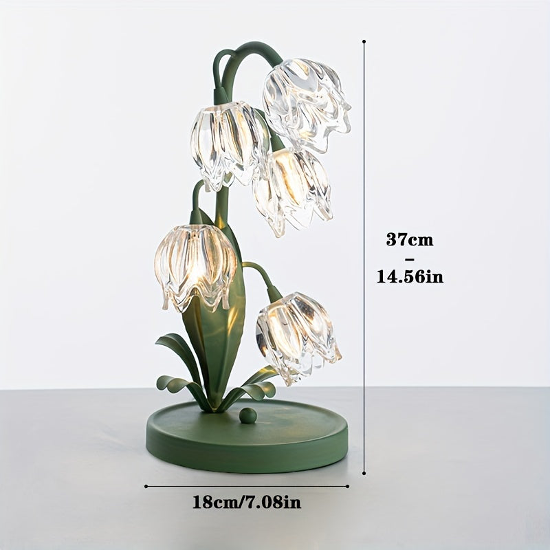 Elegant Crystal Bell Orchid Table Lamp - USB Powered, Frosted Metal Finish with Glass Flower Accents for Bedroom, Living Room, Study & Hotel Decor