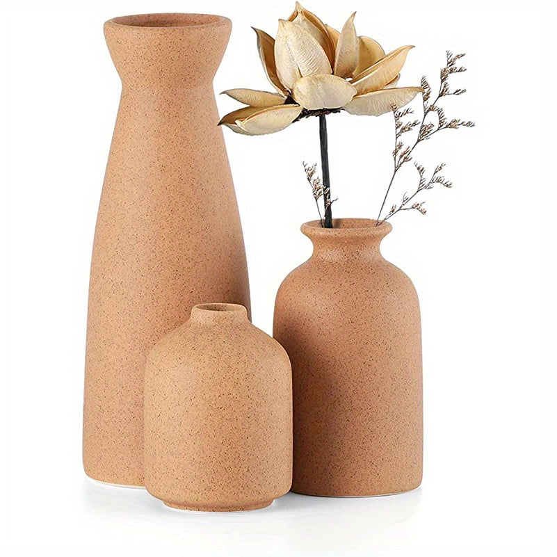 3pcs Beige Ceramic Vase, Small Flower Vases For Decor, Modern Boho Farmhouse Home Decor, Decorative Vase For Pampas Grass&Dried Flowers, Idea Shelf, Table, Bookshelf, Entryway - Distressed