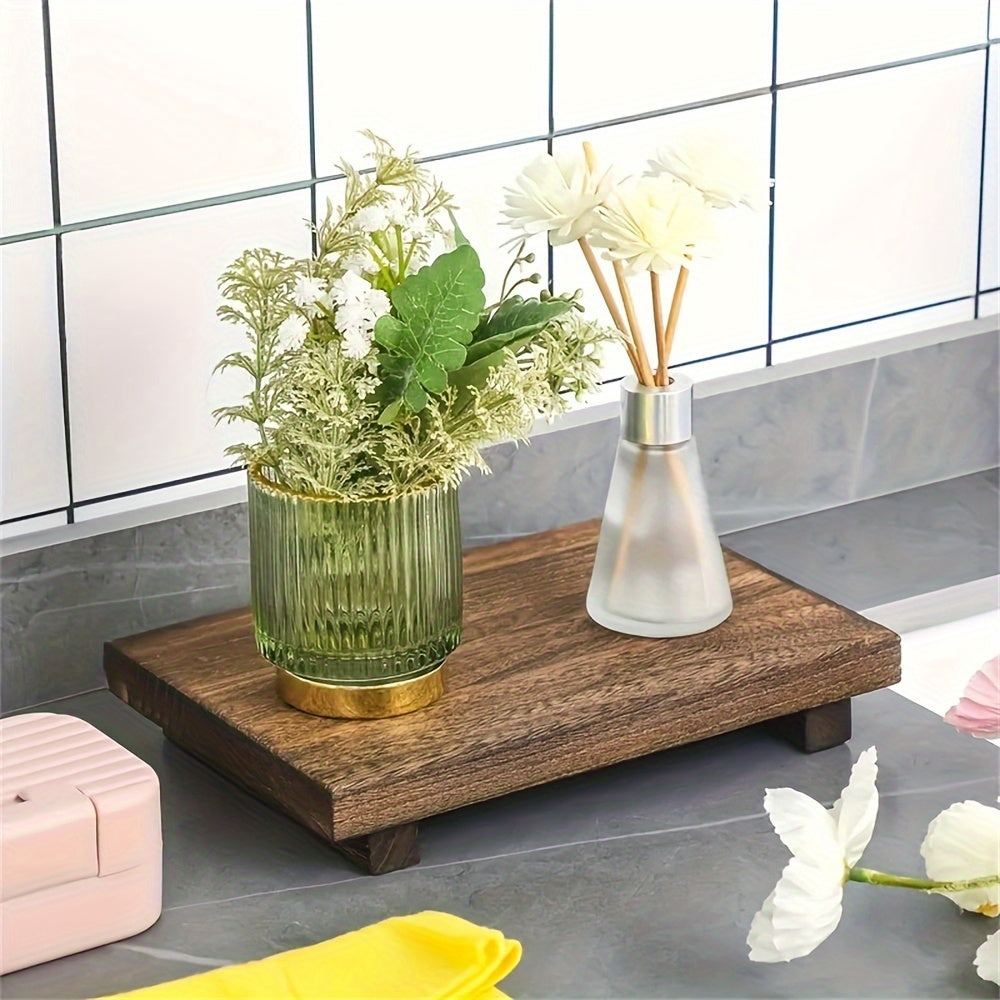 Wooden Vanity Tray for Bathroom Counter, Rustic Soap Dish Holder, Plant Vase Decorative Stand for Home Decor, Sturdy Handmade Wood Organizer Tray with Natural Pattern - 22.86x15.24 cm