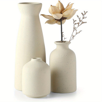 3pcs Beige Ceramic Vase, Small Flower Vases For Decor, Modern Boho Farmhouse Home Decor, Decorative Vase For Pampas Grass&Dried Flowers, Idea Shelf, Table, Bookshelf, Entryway - Distressed