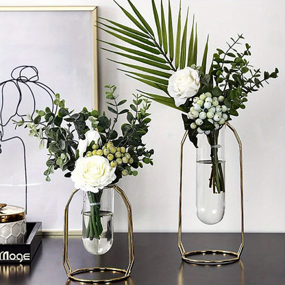 1pc Golden Vase With Metal Frame, Modern Creative Hydroponics Vase, Creative Home Living Room Home Decoration, Flower Arrangement Dried Flower Decoration Table Decoration - Small & Large