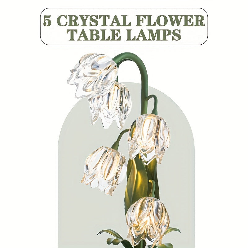 Elegant Crystal Bell Orchid Table Lamp - USB Powered, Frosted Metal Finish with Glass Flower Accents for Bedroom, Living Room, Study & Hotel Decor