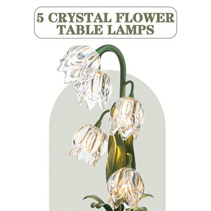 Elegant Crystal Bell Orchid Table Lamp - USB Powered, Frosted Metal Finish with Glass Flower Accents for Bedroom, Living Room, Study & Hotel Decor