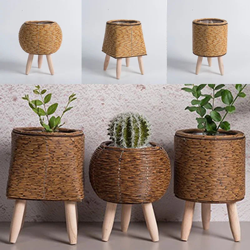 Nordic Imitation Rattan Flower Pot Hand Woven Flower Shelf Planters Plant Stand Holder Basket Garden Decor Home Storage Basket