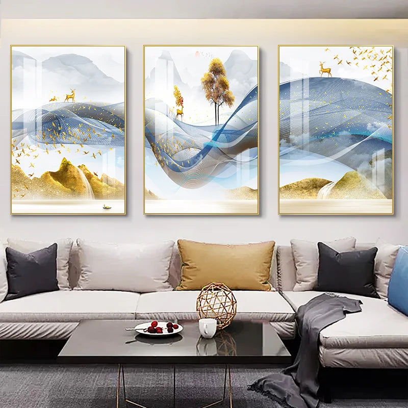 3 Pieces Nordic Luxury Ribbon Abstract Landscape Wall Art Canvas Paintings Modern Gold Deer Poster Print Picture for Home Decor