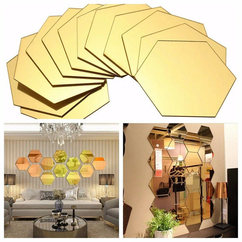 12Pcs/Pack Hexagon Mirror Sticker Gold Self Adhesive Tiles Wall Sticker Decals DIY Living Room Bedroom Bathroom Home Decorations