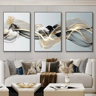 3 Pieces Nordic Luxury Ribbon Abstract Landscape Wall Art Canvas Paintings Modern Gold Deer Poster Print Picture for Home Decor