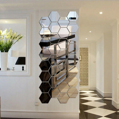 12Pcs/Pack Hexagon Mirror Sticker Gold Self Adhesive Tiles Wall Sticker Decals DIY Living Room Bedroom Bathroom Home Decorations