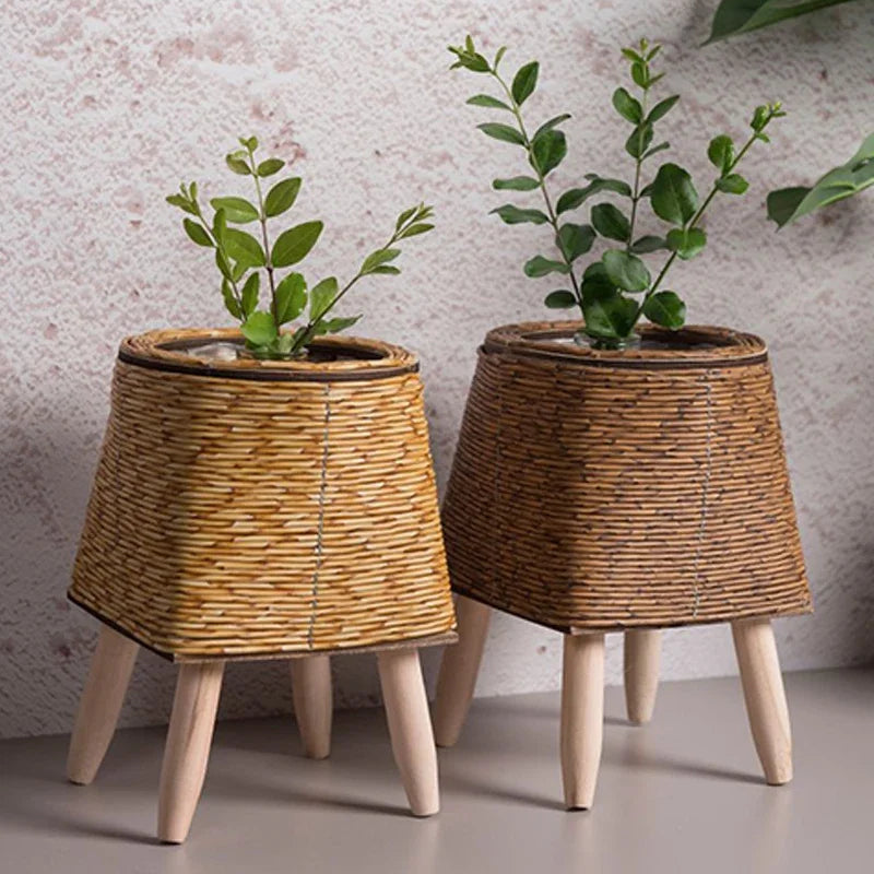 Nordic Imitation Rattan Flower Pot Hand Woven Flower Shelf Planters Plant Stand Holder Basket Garden Decor Home Storage Basket