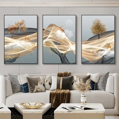 3 Pieces Nordic Luxury Ribbon Abstract Landscape Wall Art Canvas Paintings Modern Gold Deer Poster Print Picture for Home Decor