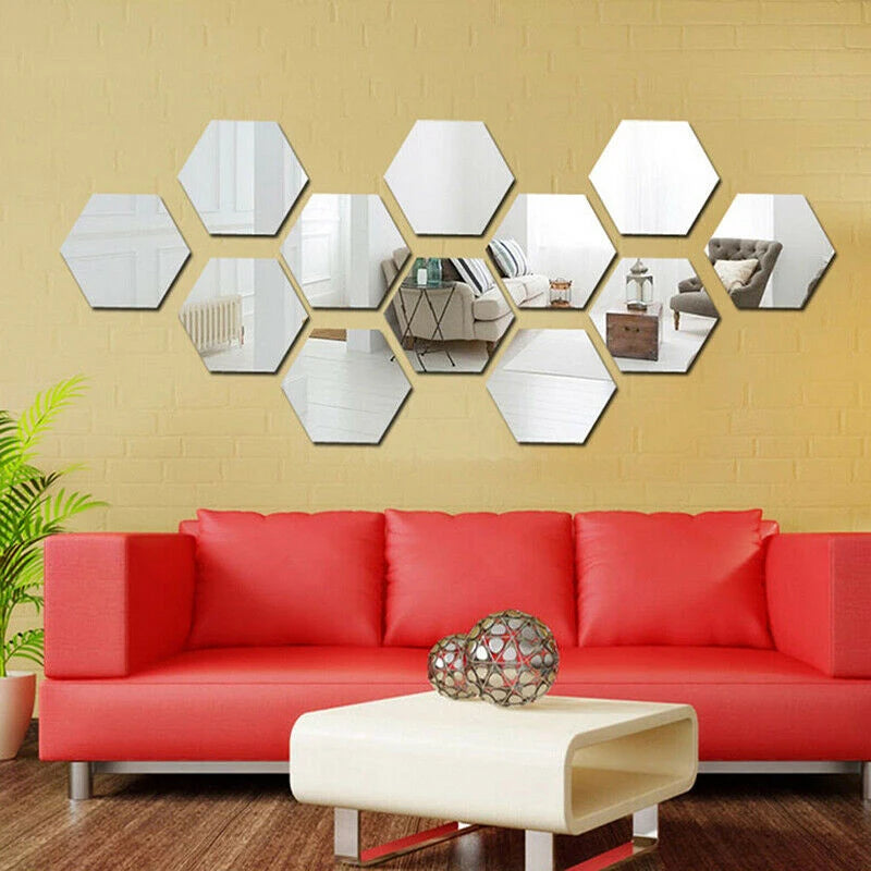 12Pcs/Pack Hexagon Mirror Sticker Gold Self Adhesive Tiles Wall Sticker Decals DIY Living Room Bedroom Bathroom Home Decorations