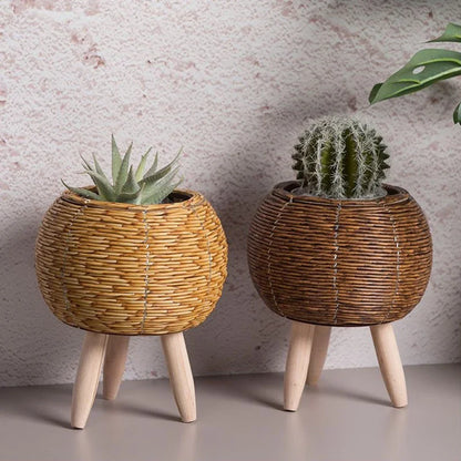 Nordic Imitation Rattan Flower Pot Hand Woven Flower Shelf Planters Plant Stand Holder Basket Garden Decor Home Storage Basket