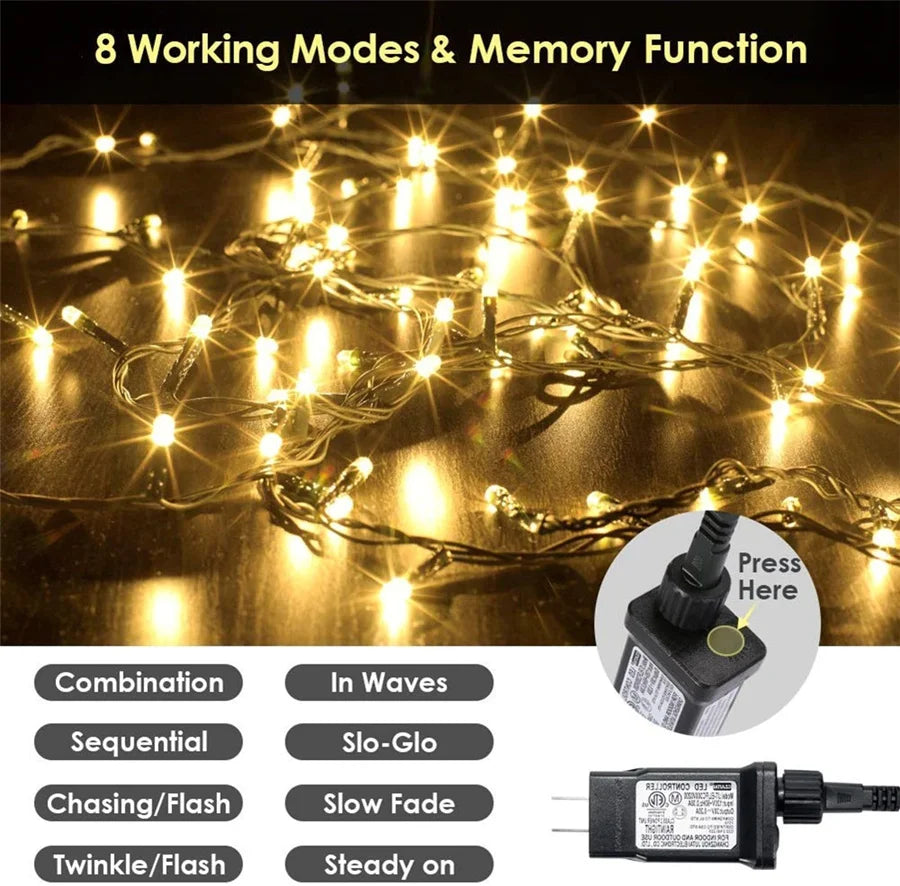 20/30/50M Led Christmas Lights Outdoor Fairy String Lights 8 Modes Holiday Twinkle Garland Light for Garden Party Bedroom Decor