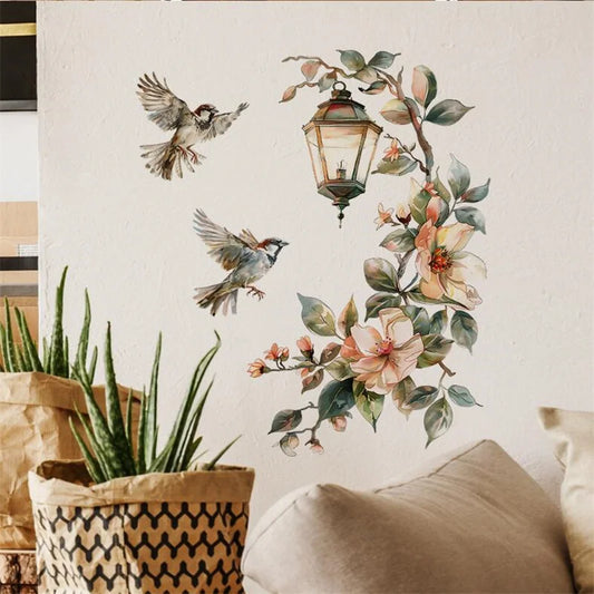 Colorful Flower Pendant Lamp Bird Wall Sticker For Bedroom Living Room Entrance Home Background Decoration Self-adhesive 29*22CM