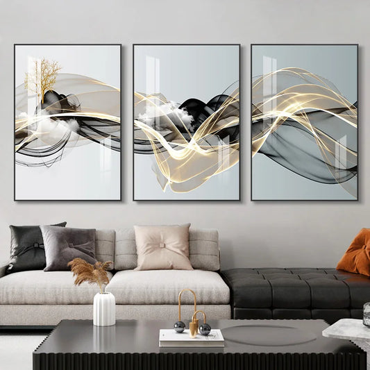 3 Pieces Nordic Luxury Ribbon Abstract Landscape Wall Art Canvas Paintings Modern Gold Deer Poster Print Picture for Home Decor