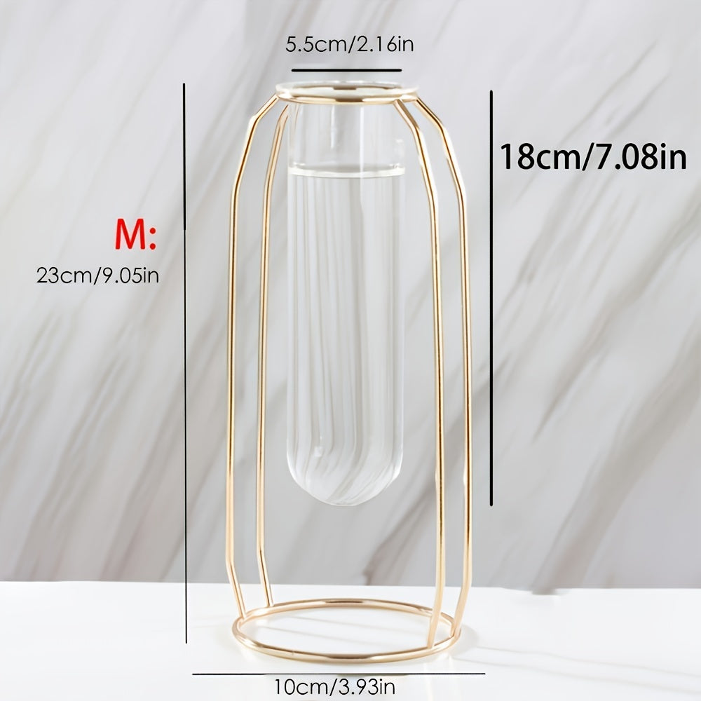 1pc Golden Vase With Metal Frame, Modern Creative Hydroponics Vase, Creative Home Living Room Home Decoration, Flower Arrangement Dried Flower Decoration Table Decoration - Small & Large