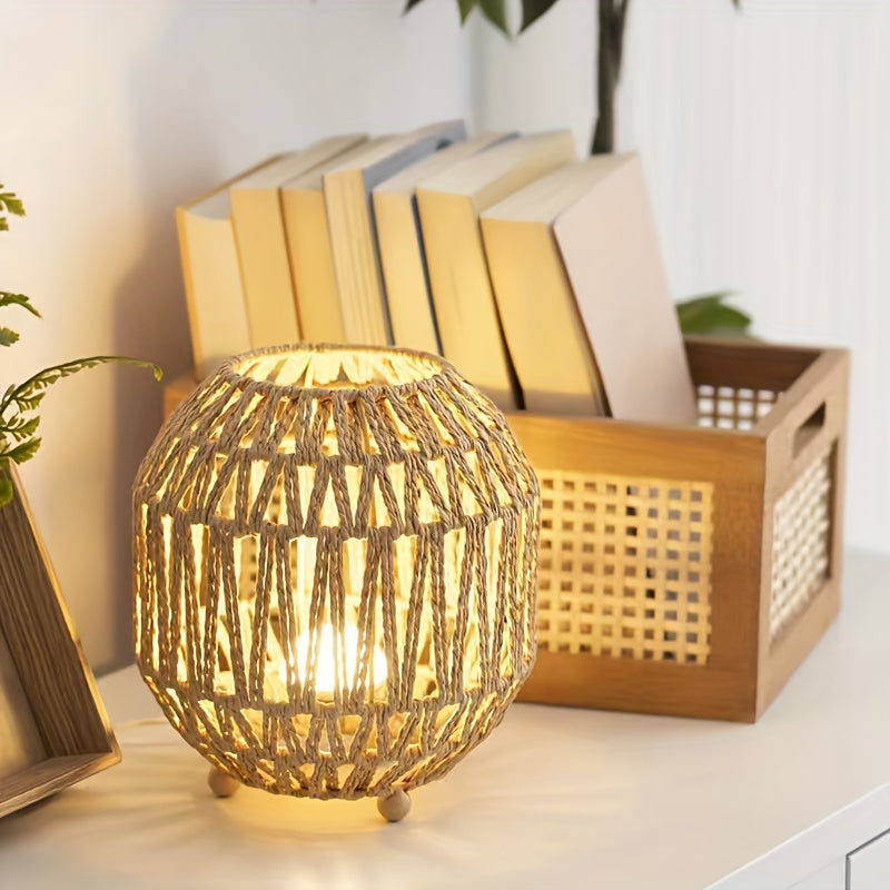 Handcrafted Bohemian Rattan Table Lamp - USB Powered, Energy-Efficient Desk Light with Fabric Shade for Bedroom, Living Room & Boho Decor Lamp For Bedroom Desk Lamp