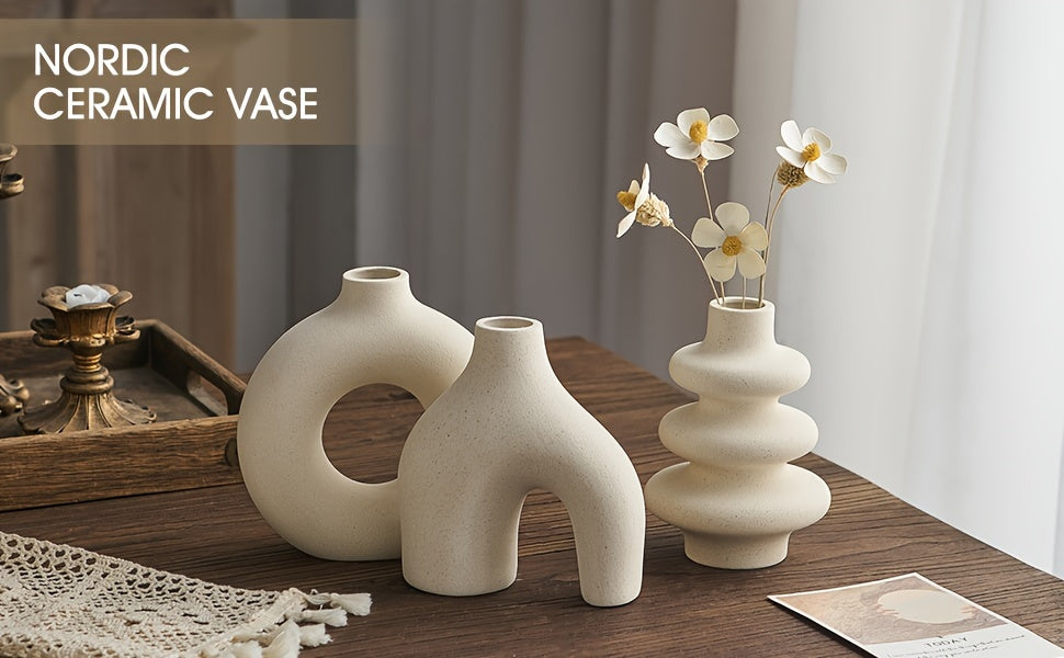 Bohemian Ceramic Vase Set of 3: Modern Geometric Vases for Home Decor - Perfect for Pampas Grass Arrangements