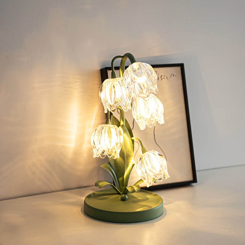 Elegant Crystal Bell Orchid Table Lamp - USB Powered, Frosted Metal Finish with Glass Flower Accents for Bedroom, Living Room, Study & Hotel Decor